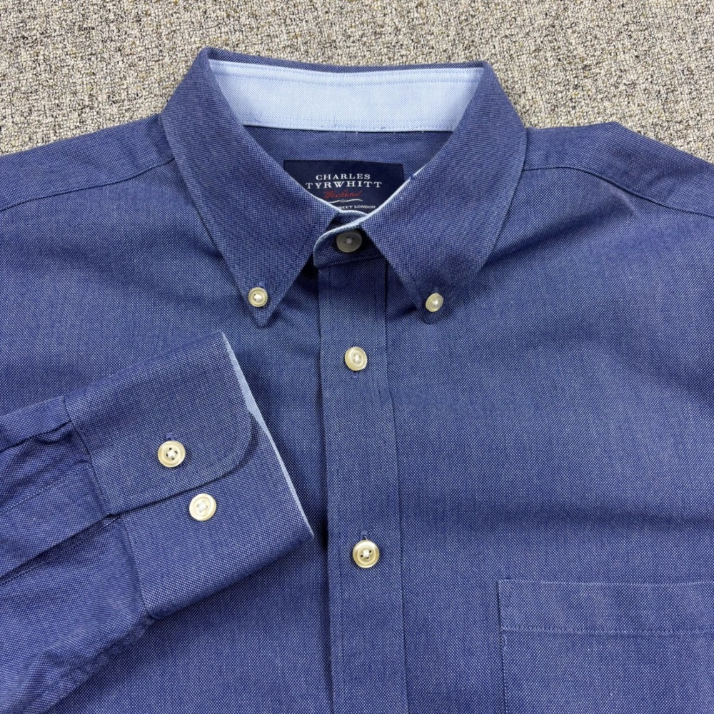 Charles Tyrwhitt Button Down M Blue Weekend Slim Fit Oxford Shirt Long Sleeve